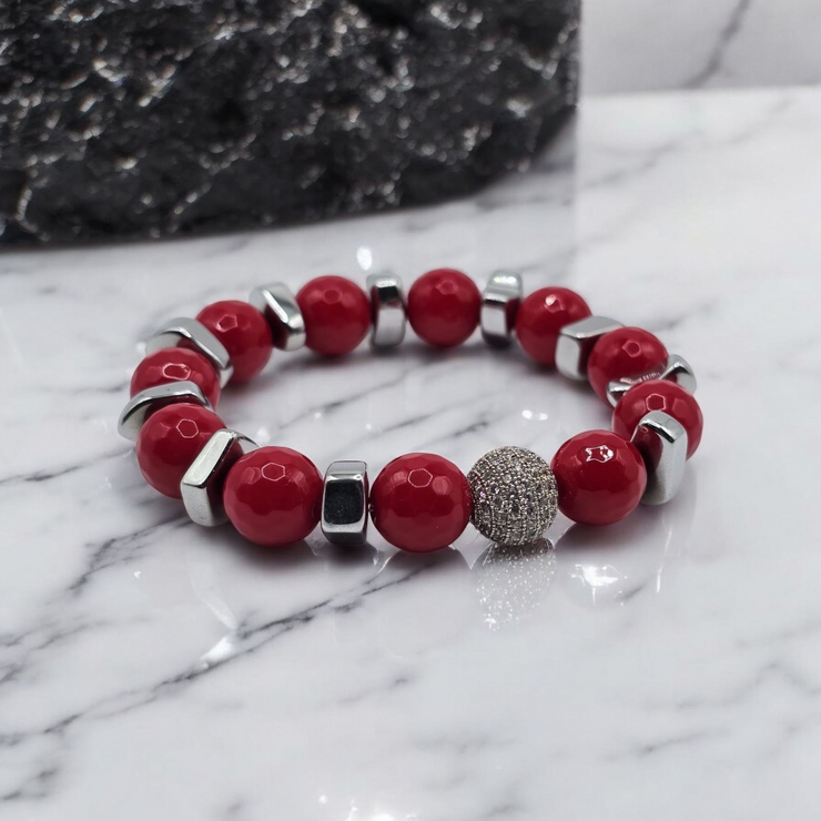 Radiant Red Charm Bracelet with Silver Accents and Pavé Crystal